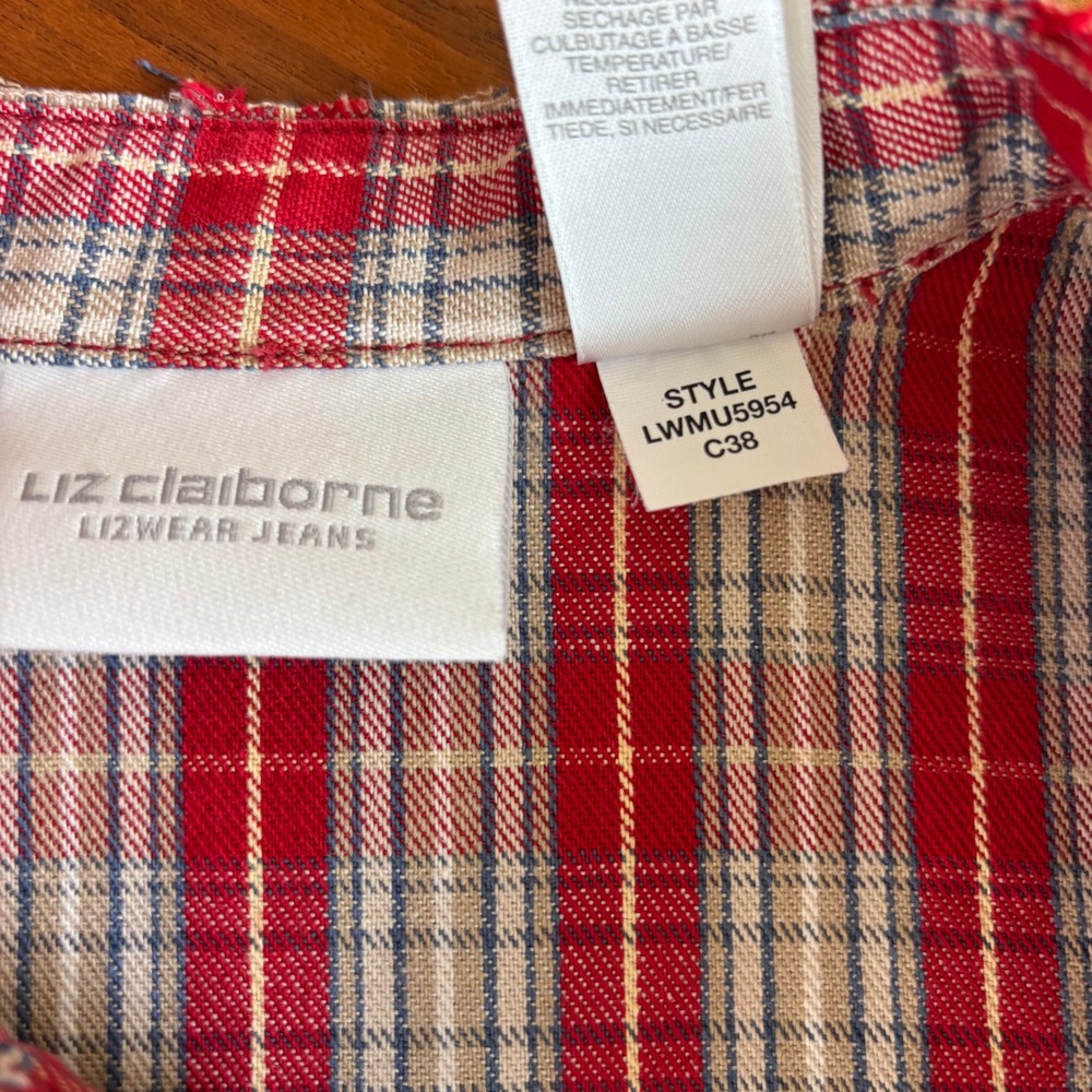 90s Vintage Liz Claiborne Top M Lizwear Cotton Plaid Western Cowgirl Grunge - Picture 9 of 15